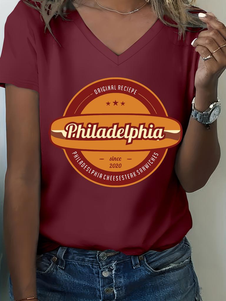 Philadelphia Cheesesteak Print V-Neck T-Shirt, Women's Retro Casual Food Graphic Short Sleeve Tee