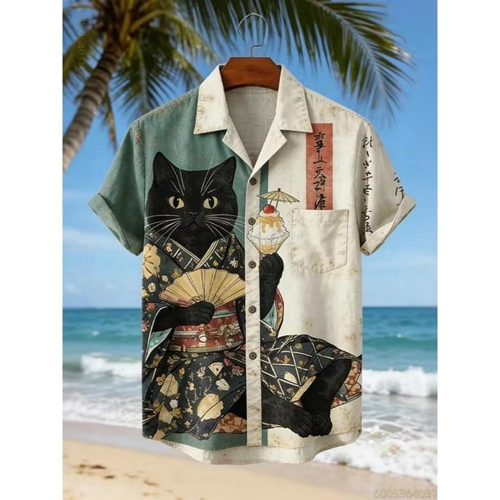 Men's Shirt, Black Cat Riding a Shark, Hawaiian Style, Men's Collared Short-sleeved Shirt, Everyday Commuting and Casual Wear.