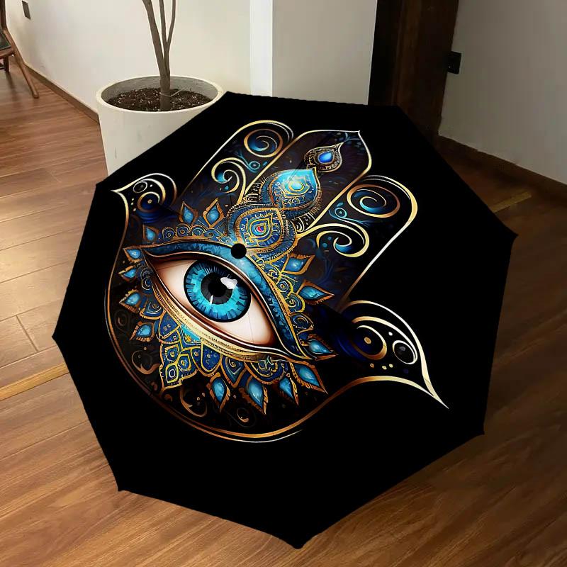 1PC Hamsa Eye Automatic Open/Close Umbrella with Windproof, 8-Rib Sturdy Canopy, Durable Ribs, Fashionable Design, Outdoor Accessory, Fun Prin, Holida