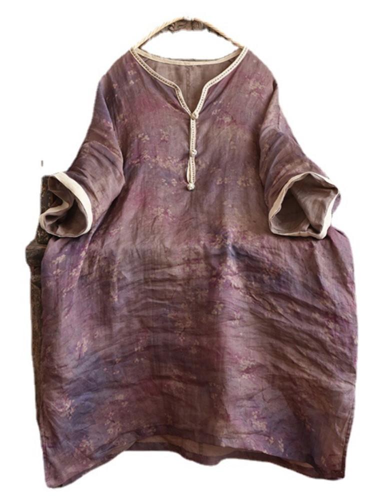 Johnature Women Vintage Ramie Shirts Top Print Floral Button Loose Blouses Summer Seven Sleeve Chinese Style Long Shirt