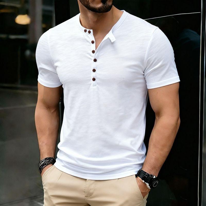 

New Design Men s Summer Solid Color T-Shirts Bamboo-Handled Henry Collar Casual Button Short Sleeve Top Tees Hip Hop Streetwears XXL білий