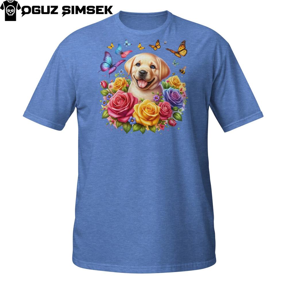 

Happy Dog Shirt – Yellow Lab with Butterflies and Colorful Floral Background 2XL