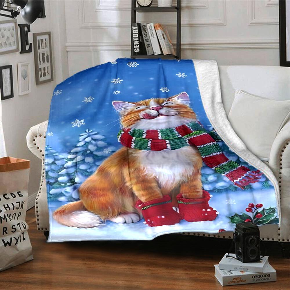 Winter Cat Snowscape Blanket Soft Throw Blanket For Home Bedroom Bed Sofa Travel Office Solid Christmas Blanket