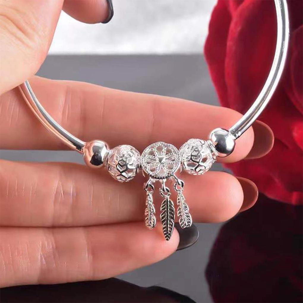 Korean Style Dreamcatcher Bracelet Women Silver Transport Beads Bangles with Tassel Girls Hand Chain Charm Bangle
