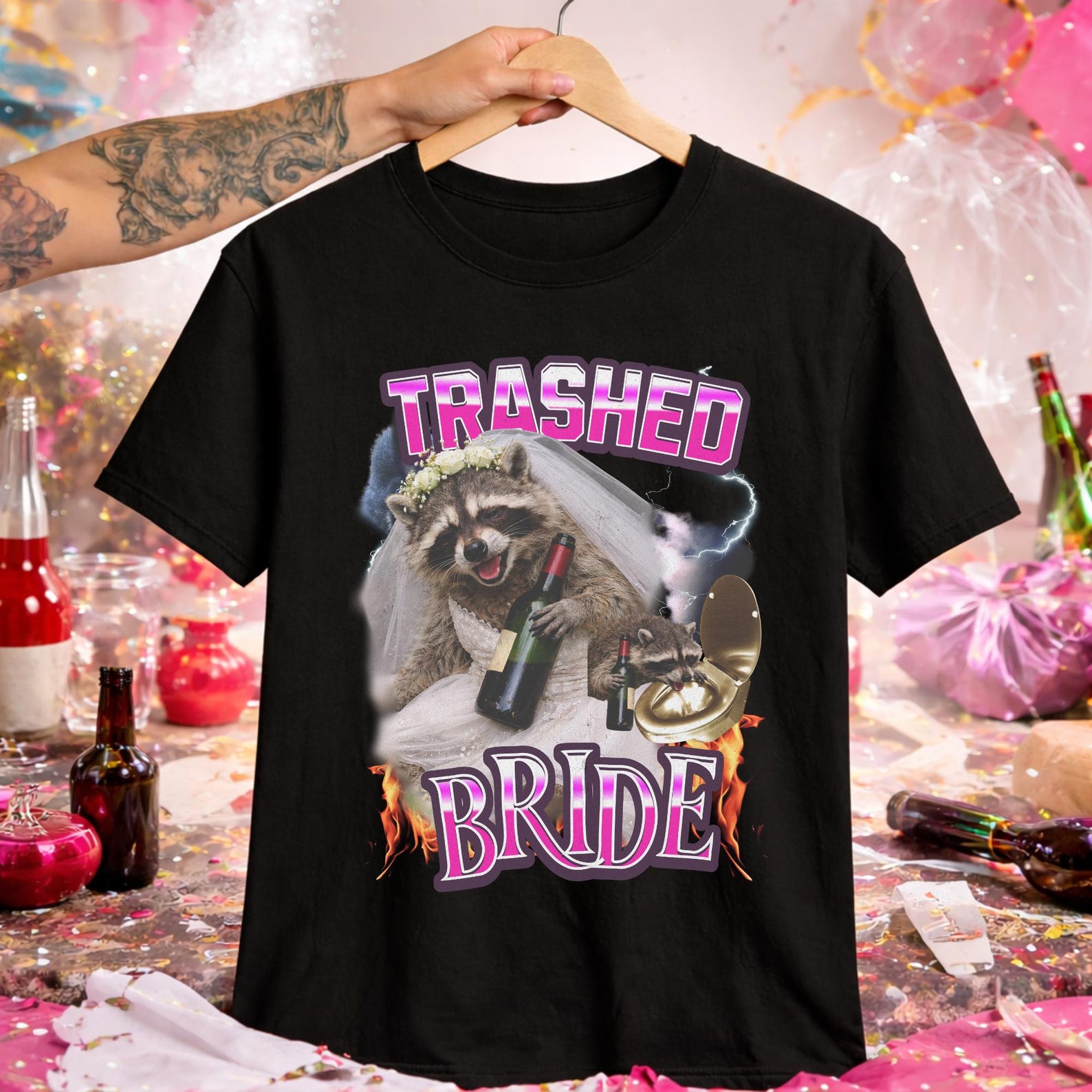 funny bride raccoon shirt,Trashed Bride Shirt, Funny Raccoon Bride T Shirt, Bachelorette Party Tee, Drunk Bride Meme Shirt, Chaos Wedding. 3XL