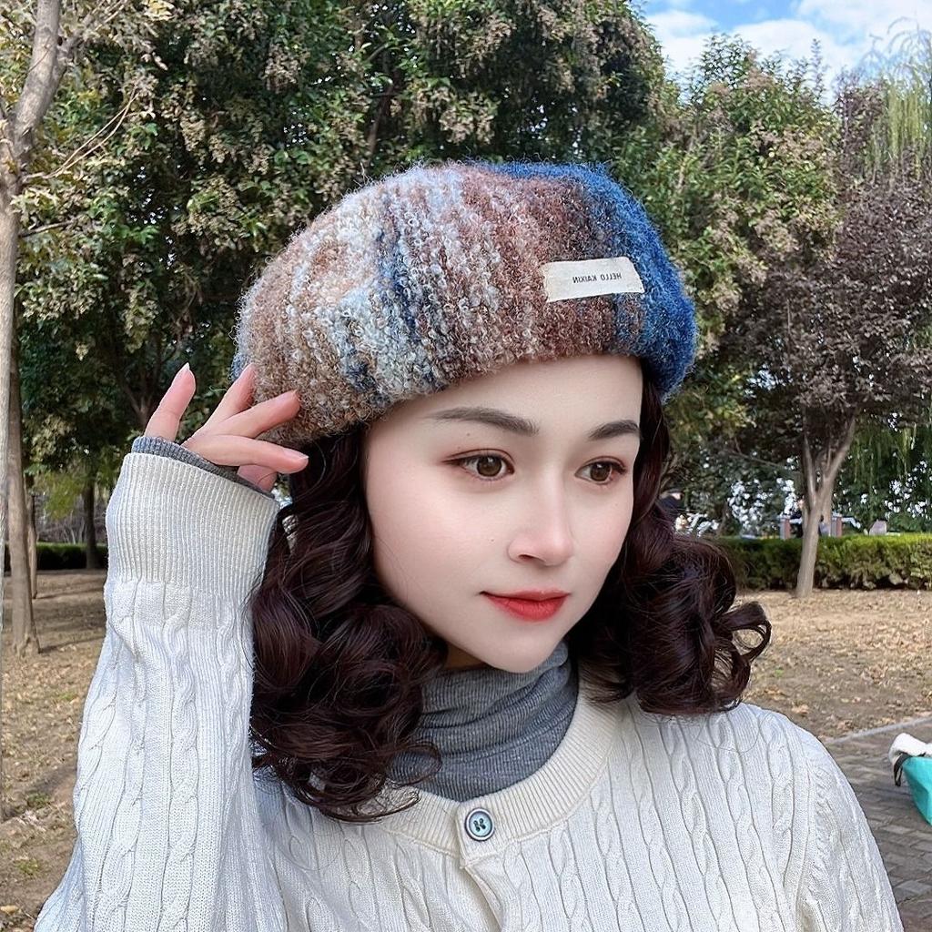 Women's Hat Fall and Winternew Arrival Oil Painting Style Beret Wig Hat Lazy Elegant Pear Flower Curly Full Head Wig Hat
