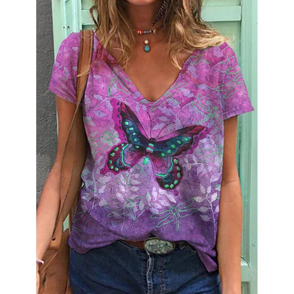 New 3D Printed Short Sleeved Women's Summer Casual Flower and Bird Print V-neck T-shirt
