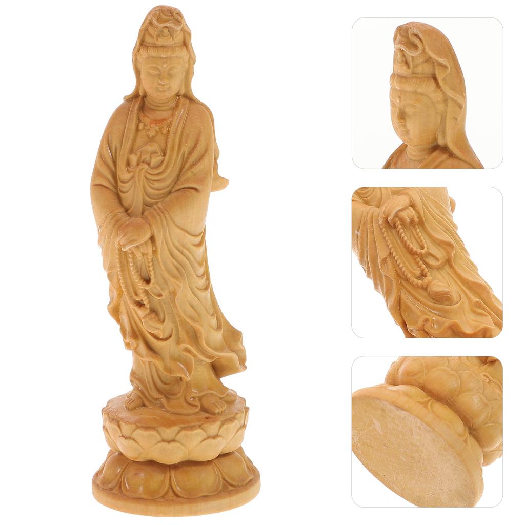 Figure Statue Ornament Buddha Chinoiserie Decor Good Luck Home Desktop Adorn Wooden Quan Yin Carving Household