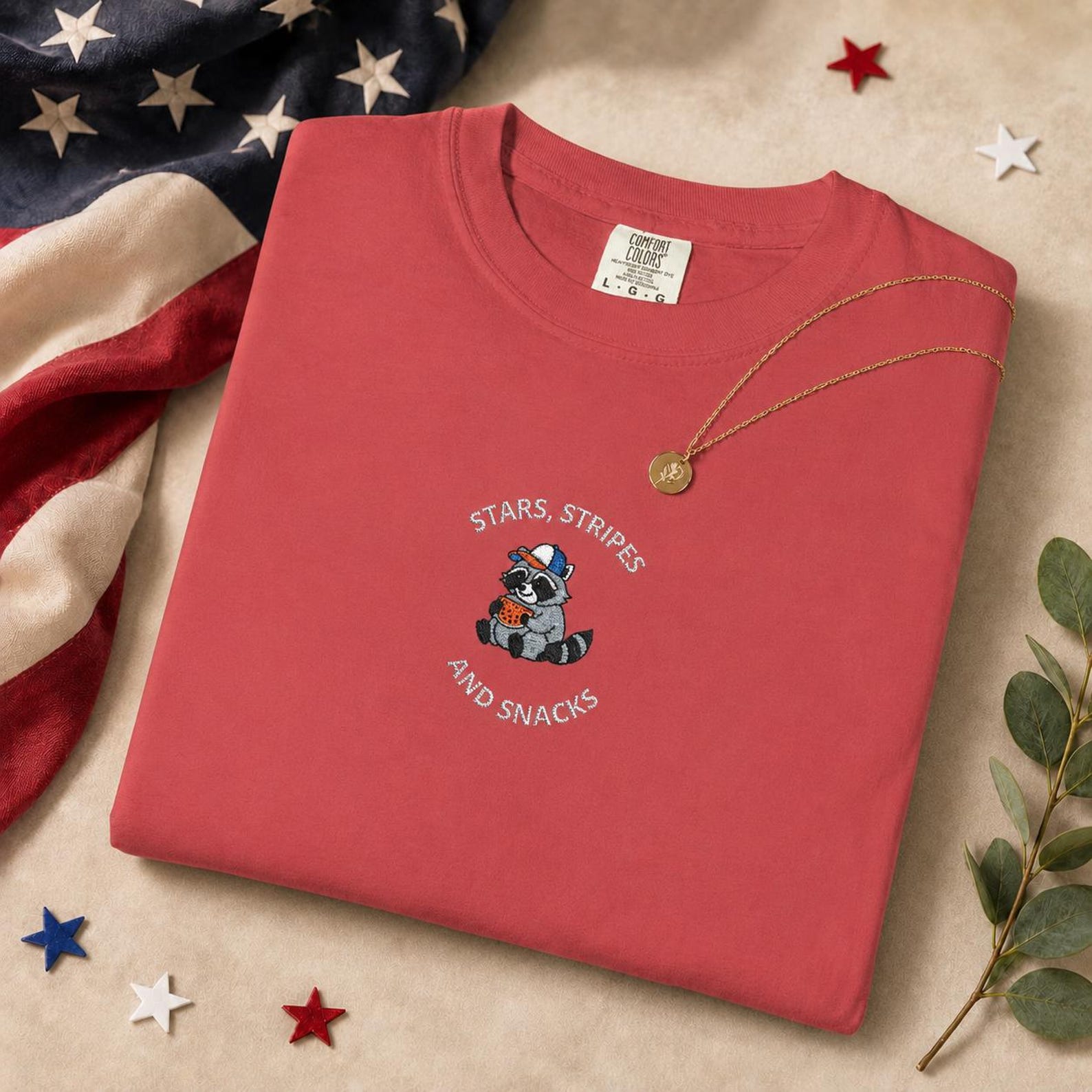 Embroidered Raccoon Shirt, Stars Stripes Snacks, July 4th Patriotic Tee 3XL
