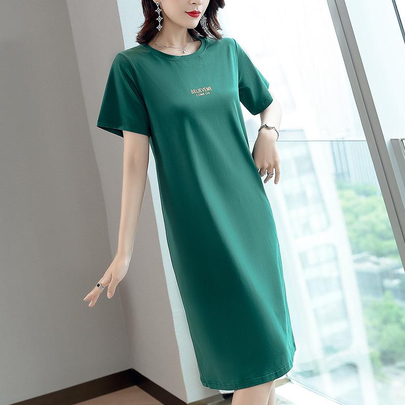 VEZFAA Women s Fashion Summer Spring Short Sleeve O-Neck Loose Waistlinet Casual Dresses S