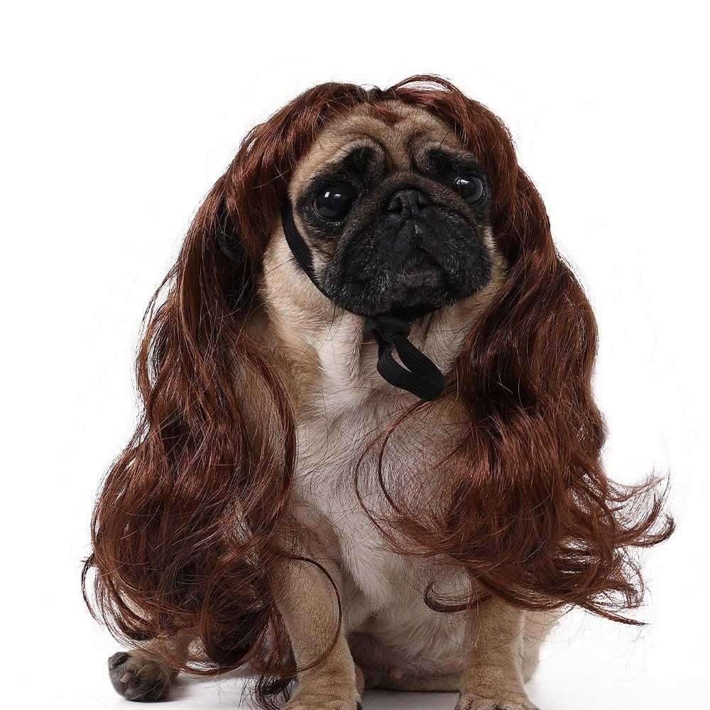 

Головной убор для питомца светло-золотистого и розово-красного цвета: Длинный кудрявый парик с челкой для праздничных вечеринок