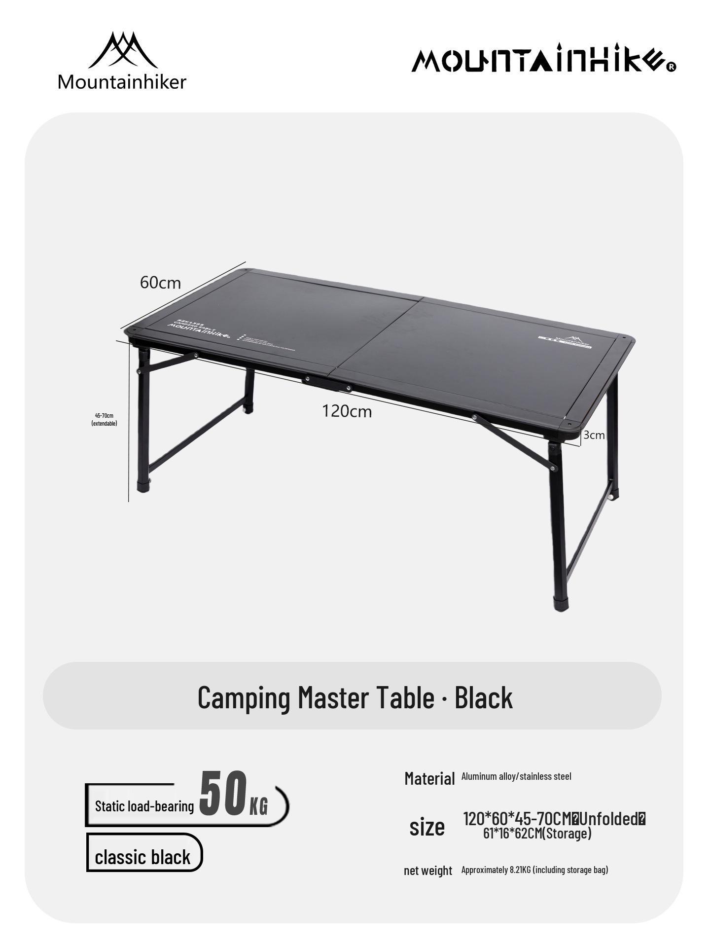 Mountain Guest Camping Master Table: Durable Outdoor Table with Adjustable Aluminum Legs and Stainless Steel Top.