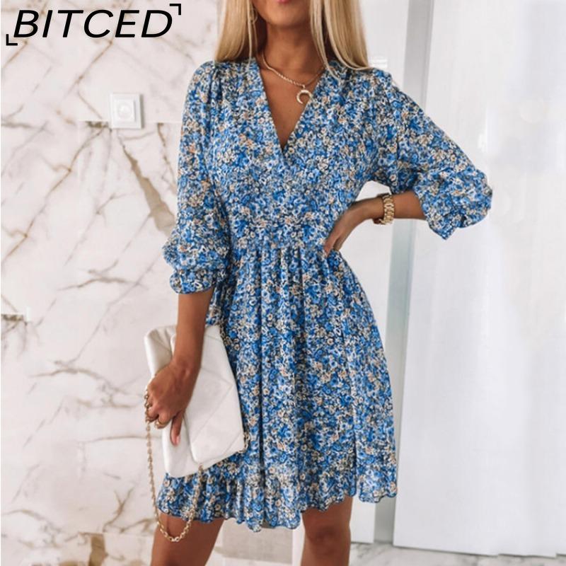 BITCED Summer Floral Print Mini Dresses Women Vintage Sexy A-Line V-Neck Half Sleeve Party Dress Female Casual Elegant Beach Dress