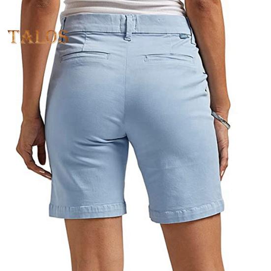 Shorts femininos de verão, slim fit, reto, comprimento até o joelho, esportivo, cor sólida, bolsos, cintura alta, casual, uso diário, shorts