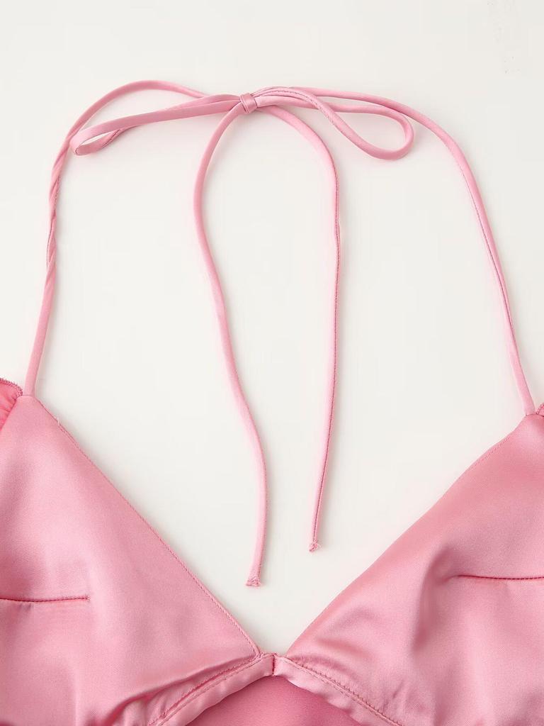 Silk Satin V-neck Backless Spaghetti Strap A-line Dress for Women - New European American Style