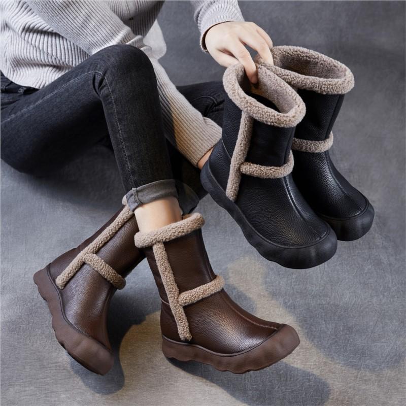 Johnature Genuine Leather Plush Thickened Women's Mid-calf Boots Casual Soft Soled Warm Cotton Shoes
