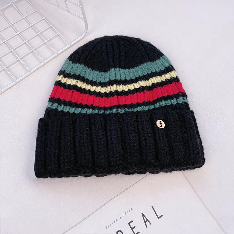 Autumn and Winter Outdoor Cold and Warm New Color Matching Striped Pullover Knitted Hat Women
