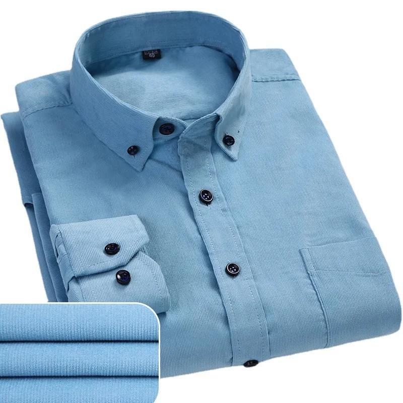 Cotton Corduroy Casual Warm Solid Shirt Long Sleeve Winter Regular Fit Mens Men's Shirts with Pokets