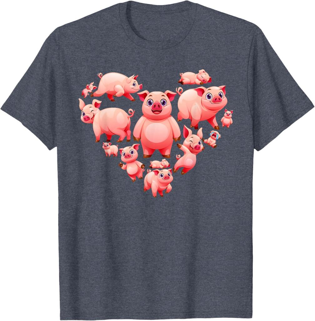Pigs Heart Shape Cute Love Hog Swine Graphic T-Shirt Cotton Casual Short Sleeve Tee