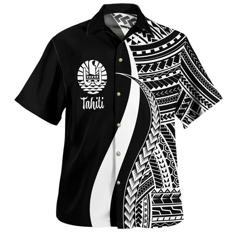 Tahiti Hawaiian Shirts Men Colorful Tahitian Polynesian Short Sleeves Lapel Blouse Tops Summer Casual Button Shirt