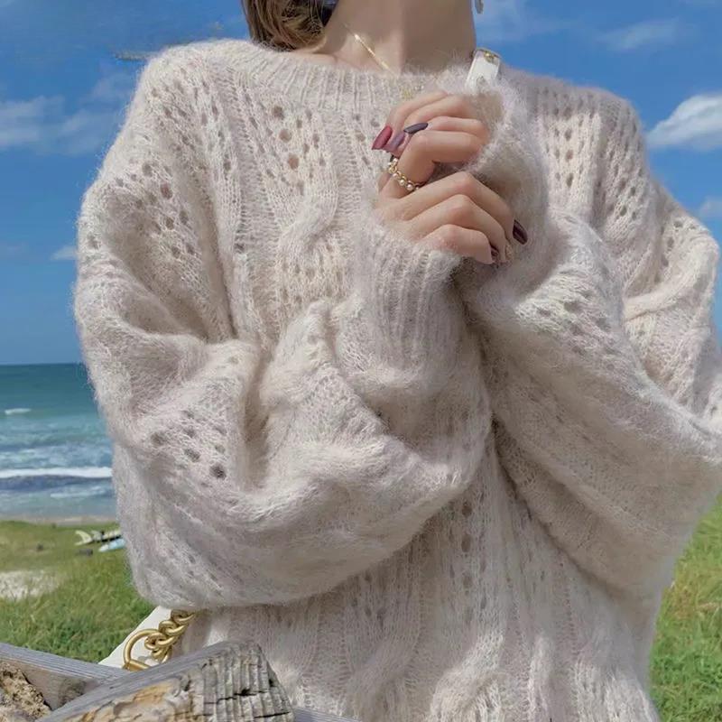 

Розовый полый пуловер, свитер, женская весенняя верхняя одежда, свободный свободный ленивый стиль, милый тонкий вязаный свитер, осень XL