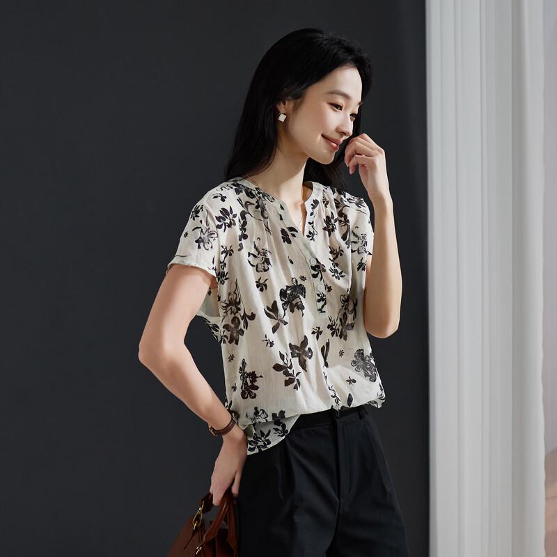 SOFSIL Women s Printed V-Neck Ramie Shirt L
