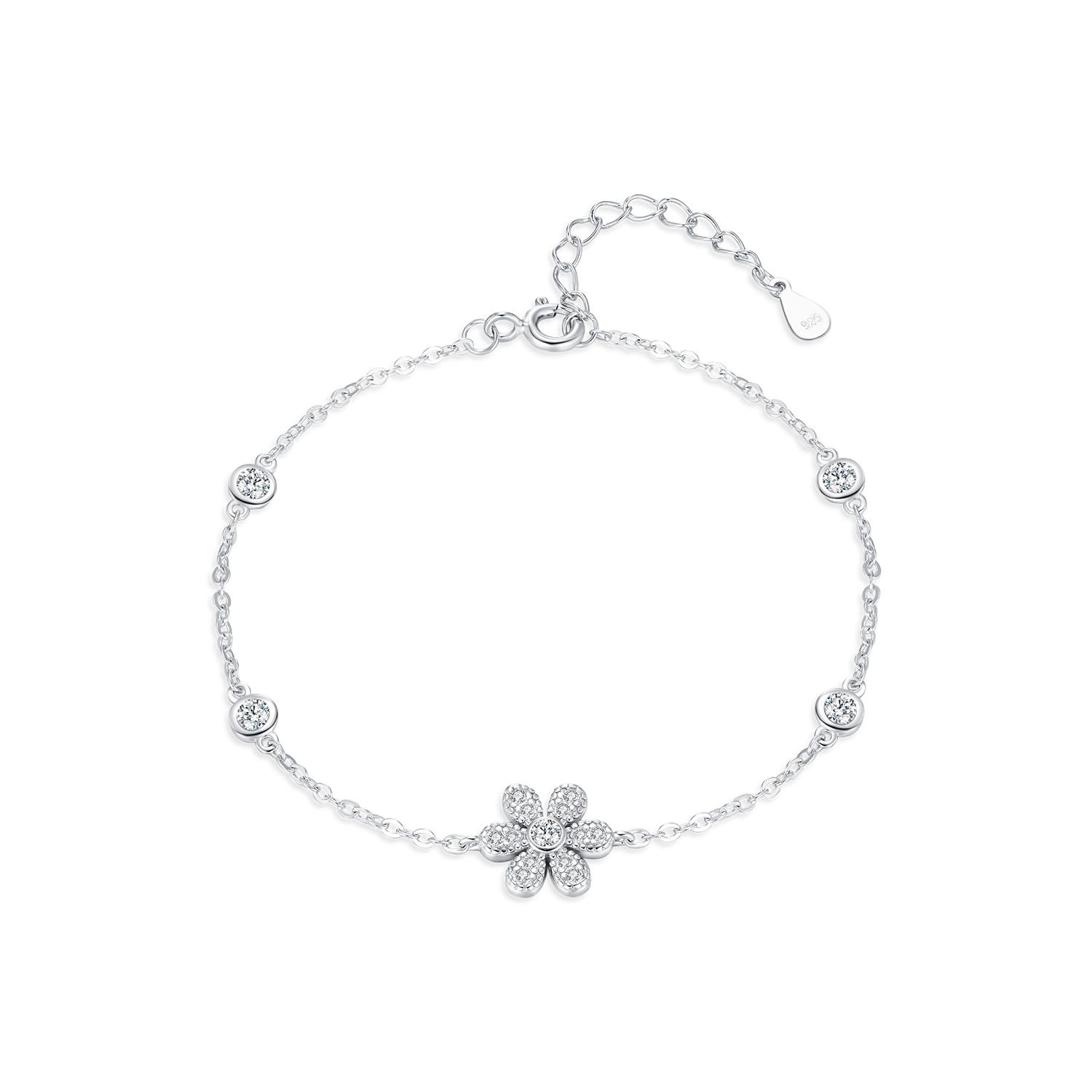 

925 Sterling Silver Elegant Sparkling Flower Clear CZ Charms Simple Bracelet Fashion Link Chain For Women Fine Jewelry