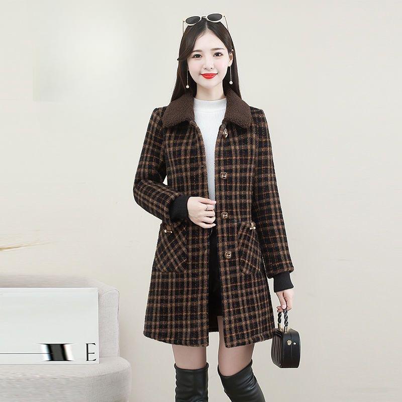 

Женское зимнее клетчатое пальто, стройнящее, с добавлением бархата и плотное, мамино большого размера, средней длины, стильное теплое пальто XXXXL кофейный