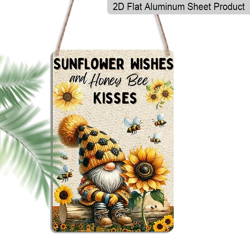 2D Flat Sunflower Wishes Honey Bee Gnome Vintage Metal Sign - 8.0x12.0inch Aluminum Wall Art, Farmhouse Garden Autumn Decor, Pre-Drilled Holes, Fall 20*30cm