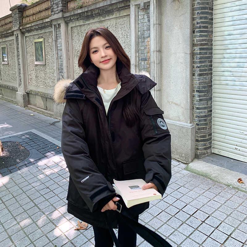 2025 Women's Winter Down Coat with Big Fur Collar - American Style Thickened Cotton-Padded Parka for Couples