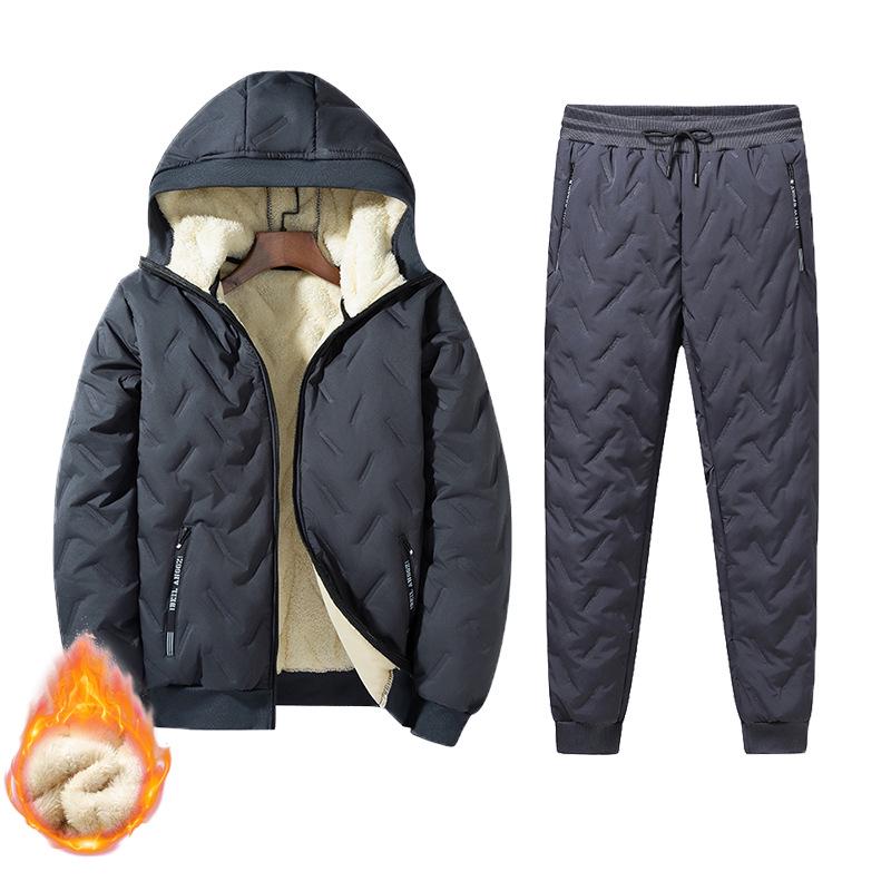 Men's Warm Hooded Ultrasonic Lambswool Coat & Plus Velvet Cotton Pants Set for Winter Cold Protection