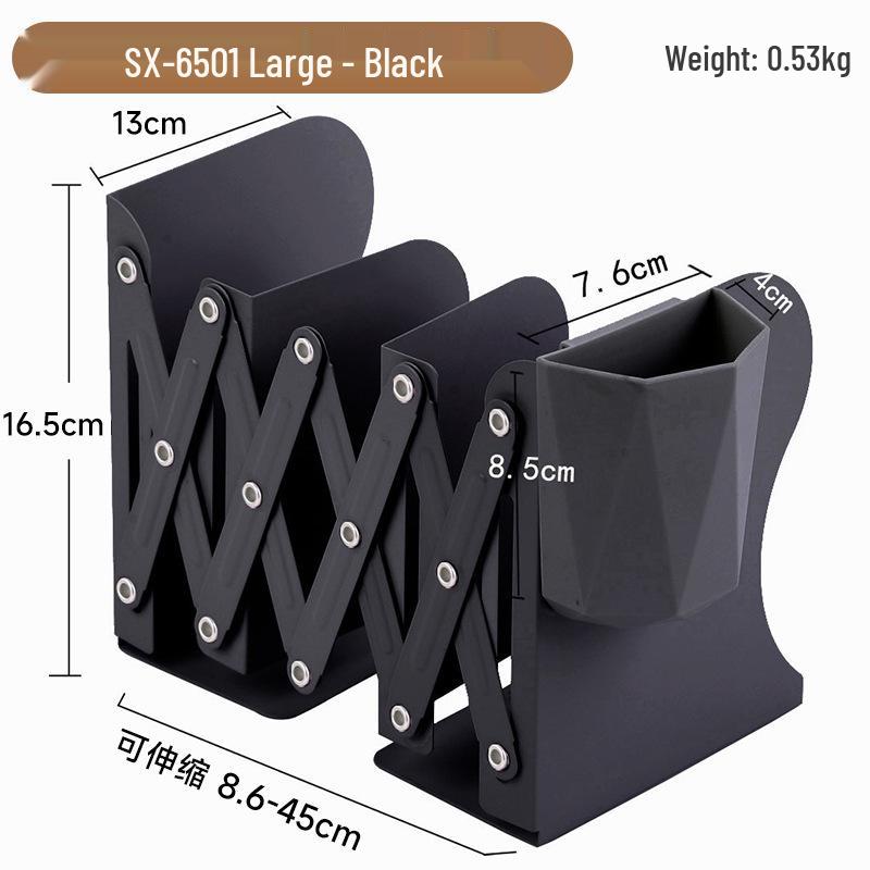 Metal Foldable Book Stand & Pen Holder: Large Desktop Bookend Storage Rack