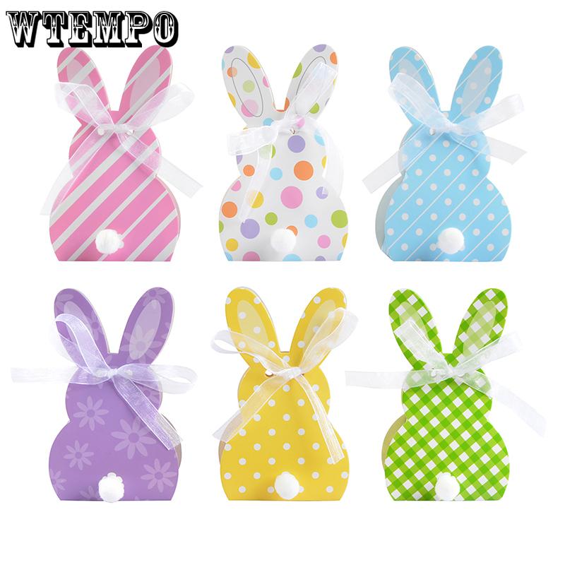 WTEMPO DIY Ribbon Bow Gift Boxes Cute Rabbit Design Easter Foldable Printed Paper Baskets Spring Party Wedding Birthday Festive Decor Treat Boxes