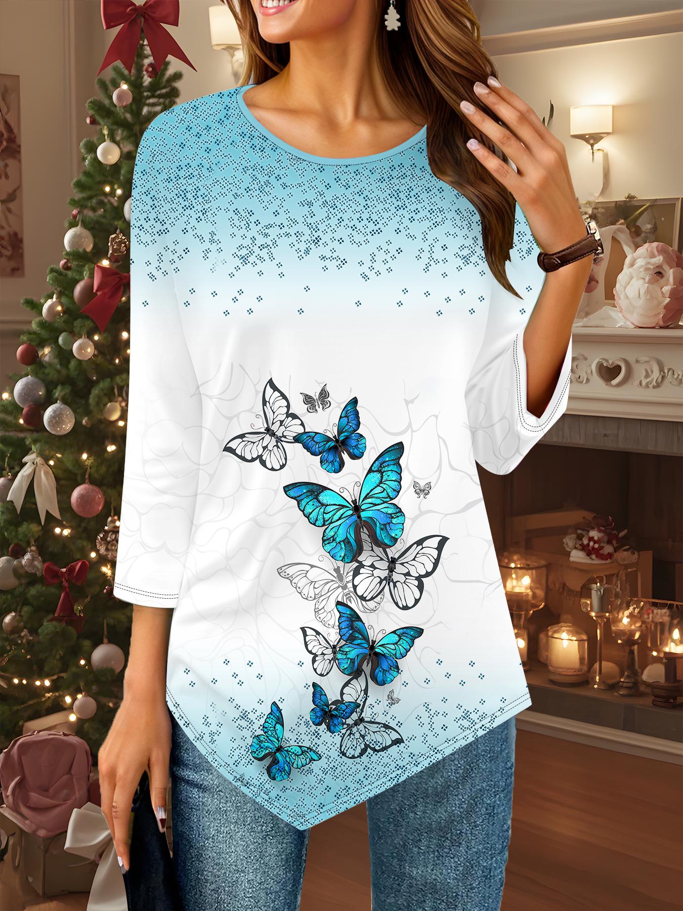 

Женская свободная футболка с круглым вырезом и рукавом три четверти, 3D цветочный узор 8XL синий