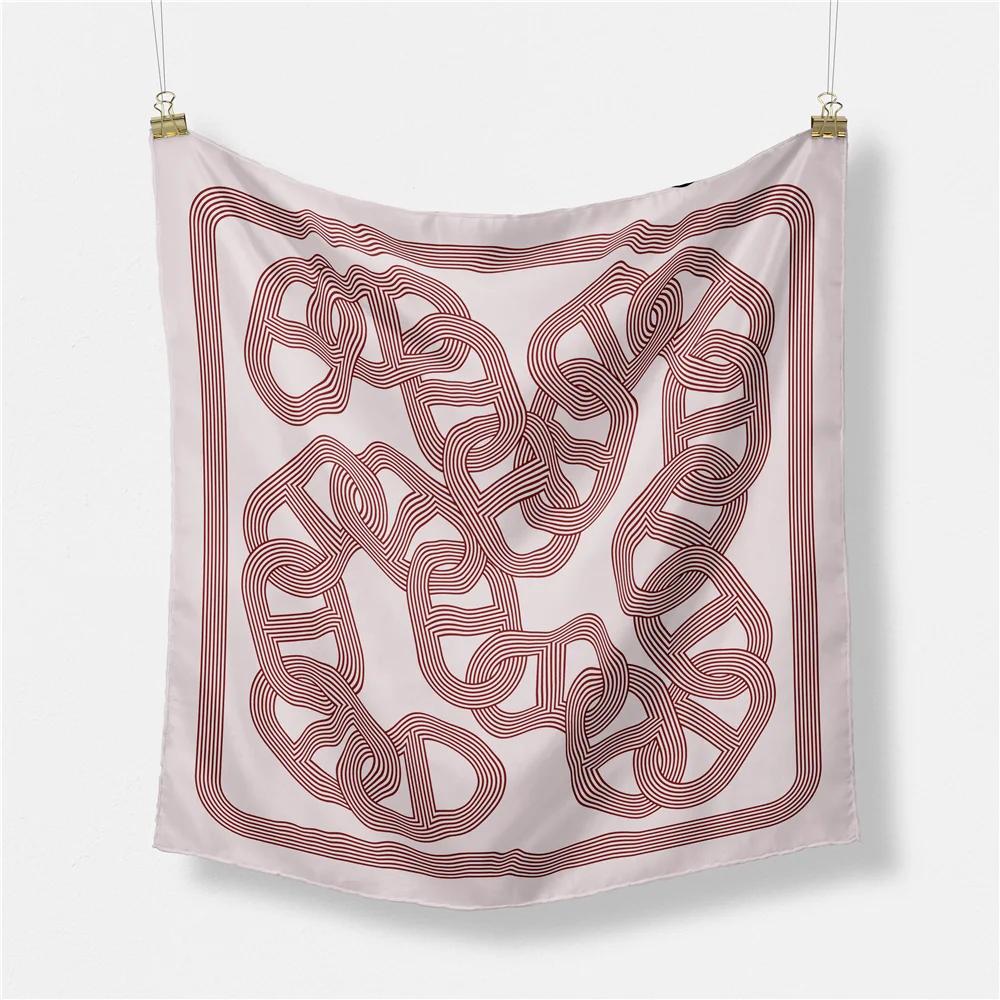 Twill Silk Scarf Woman Chain Print Square Scarves Wraps Bandana Small Hijab Foulards Lady Tie Headband Neckerchief 53CM