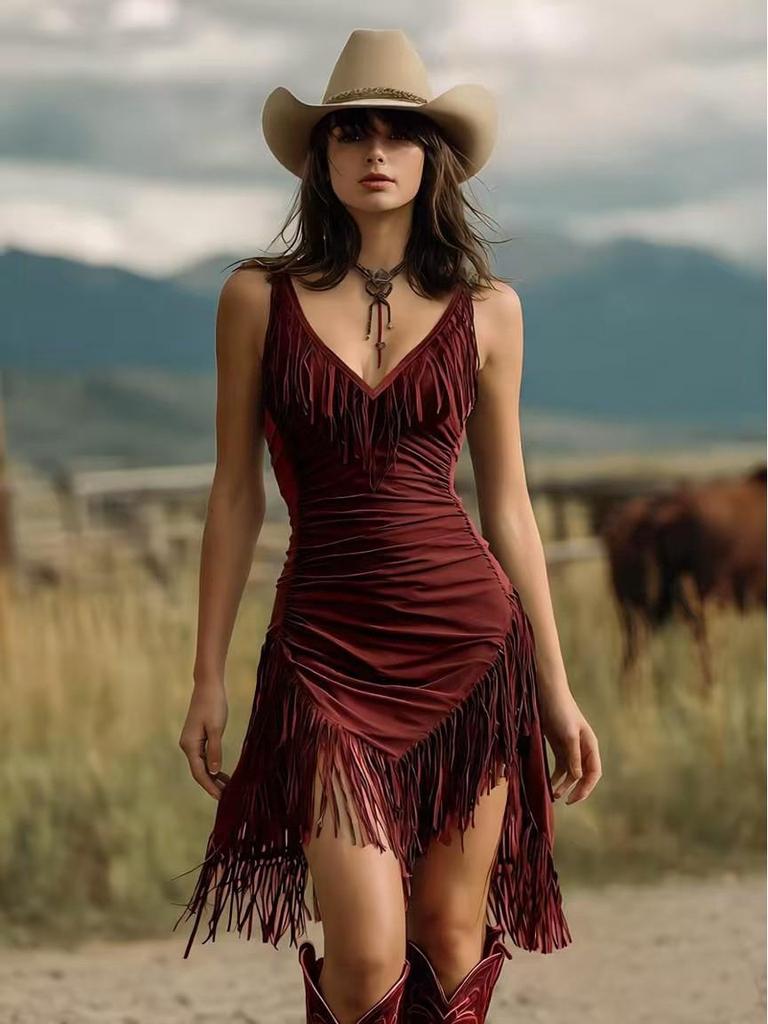 Women's Sexy Deep V Tassel Slimming Dress