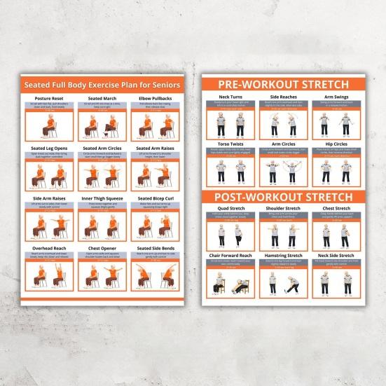 2 Stück Ganzkörper-Sitz-Dehnungs-Poster-Diagramm für Senioren Stuhl-Übungsroutine-Anleitung für Ältere Gelenkschonender Flexibilitäts-Trainingsplan