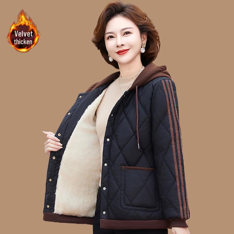 

Женское зимнее пальто на флисовой подкладке - Стильная утолщенная хлопковая куртка для женщин среднего и пожилого возраста 4XL (~135-150 jin) чёрный