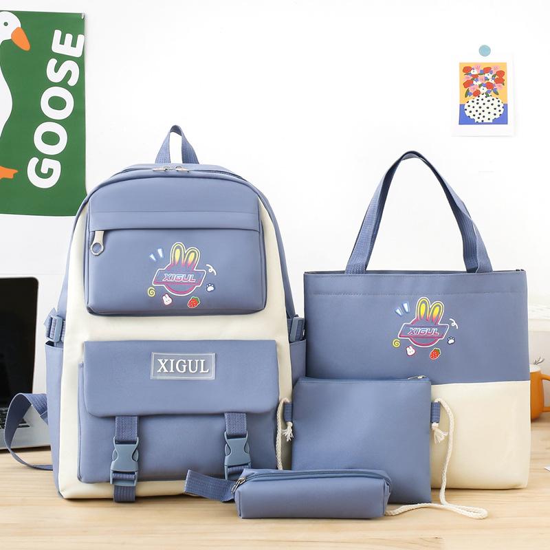 Schoolbag Korean Version Contrasting Color Design Backpack Unisex Four-piece Set Cute Cartoon Casual Fashion Travel Backpack