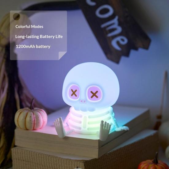 Skull Silicone Night Light with USB Charging Cute Spooky Bedside Lamp for Kids 2-Level Dimmable Soft Squeezable Fun Sensory Toy Lamp for Boys Girls