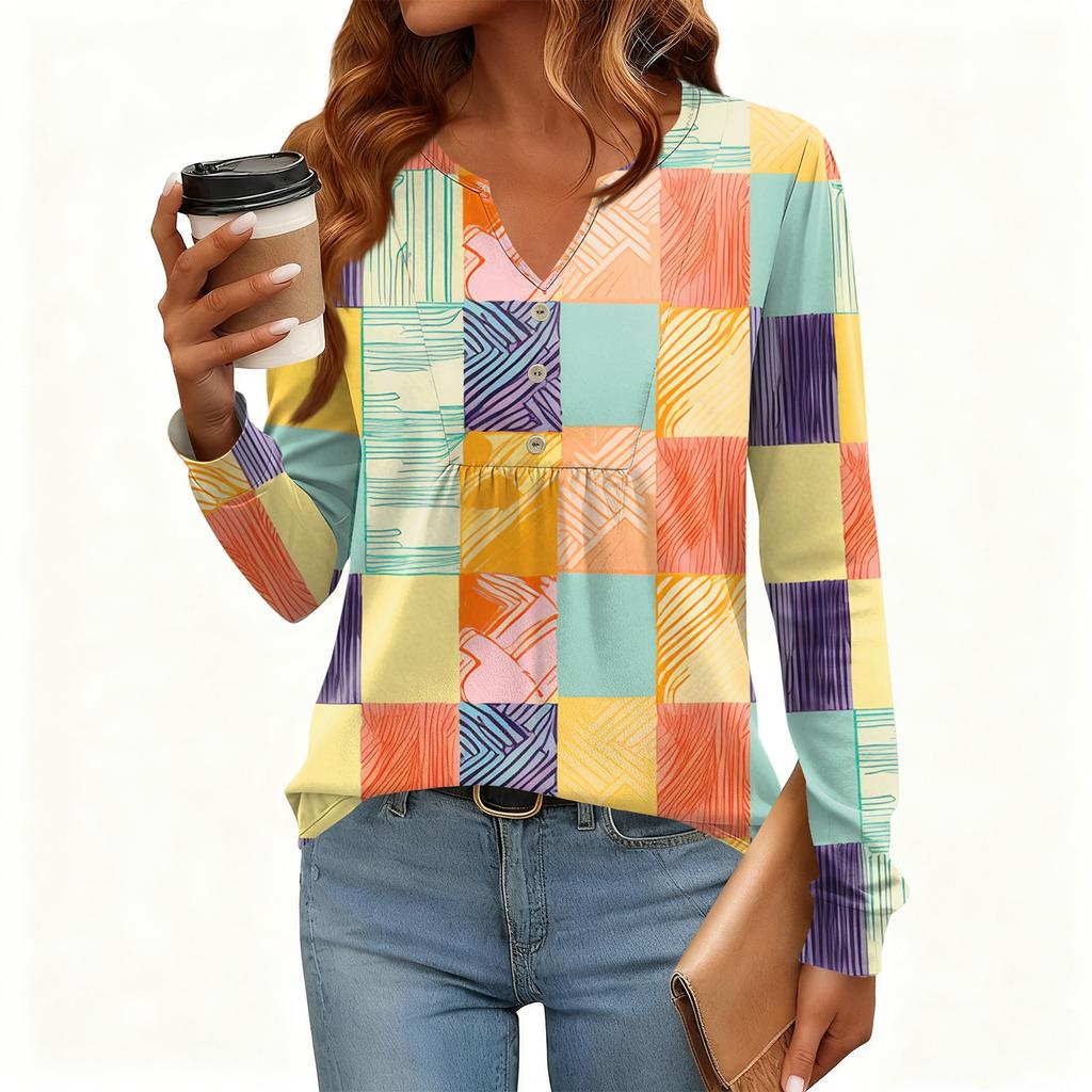 Women's Relaxed,Fit V,Neck Vintage Color,Blocked Floral Print Long,Sleeve Pullover Tee