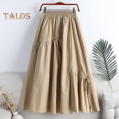Women Summer Skirt Elastic High Waist Pleated Skirt Solid Color Irregular Drawstring Large Hem A-Line Skirt
