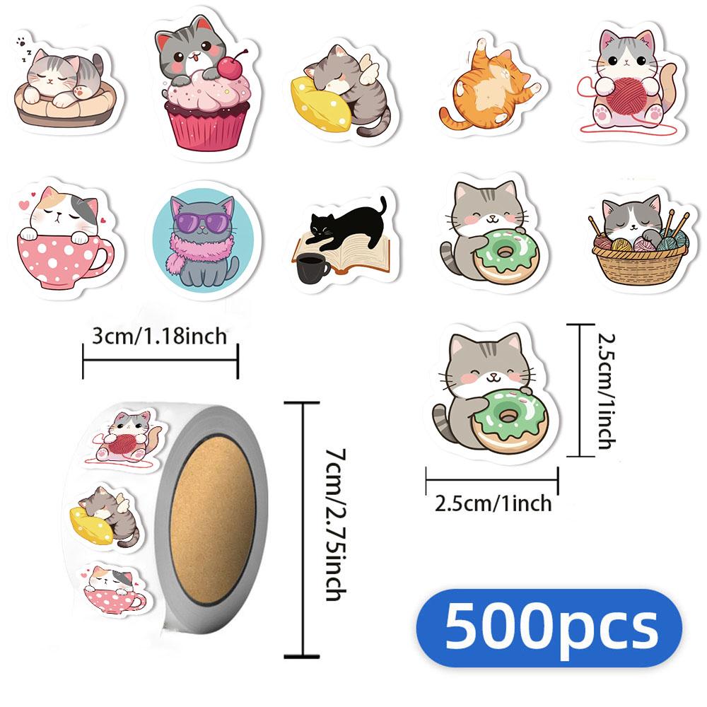 500PCS Creative Cartoon Cat Small Pattern Graffiti Decoration Roll Stickers Laptop Envelope Sealing Stickers Waterproof Stickers