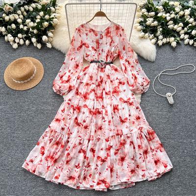 Women's Dress with A Round Neck Lantern Sleeves Cinched Waist Ruffles and A Large Swing Print
