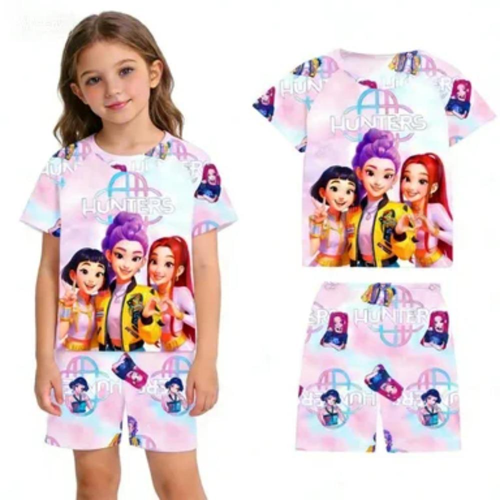 New T-shirt Set for Girls' Summer Clothing with Printed Design, Cartoon Fashion, Comfortable Children's Set