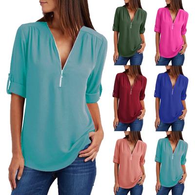 Damen Reißverschluss V-Ausschnitt Rollbare Ärmel Lässige Oberteile Bluse Lockeres T-Shirt