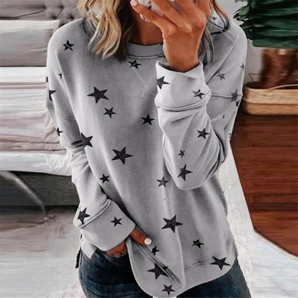 Women Round Neck Long Sleeve Star Print Side Split Pullover Sweatshirt