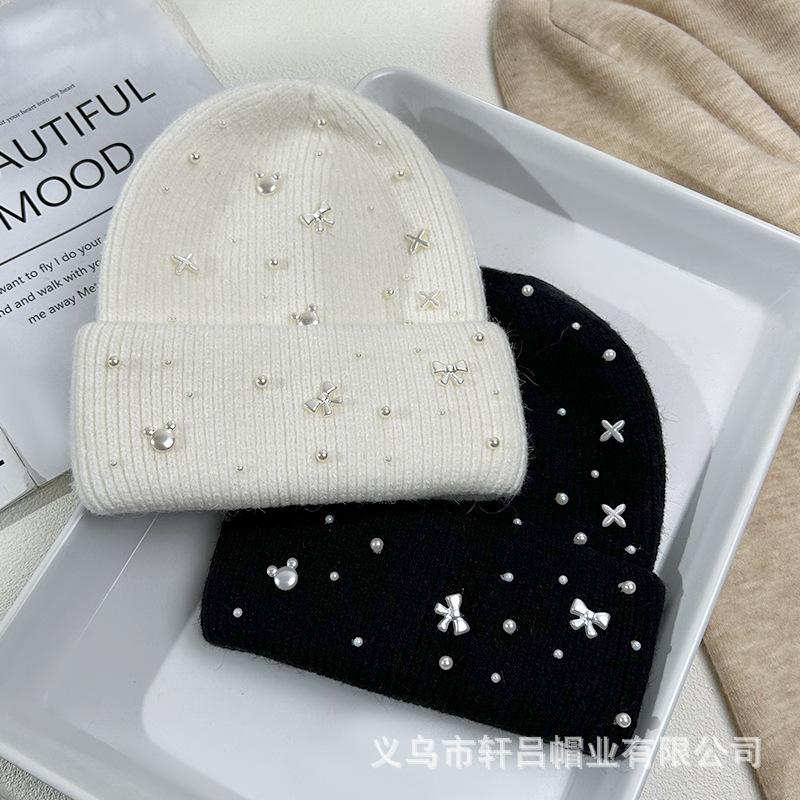 Autumn and winter new bow pearl knitted hat big head circumference thickened rabbit hair blended pullover ear protector wool hat