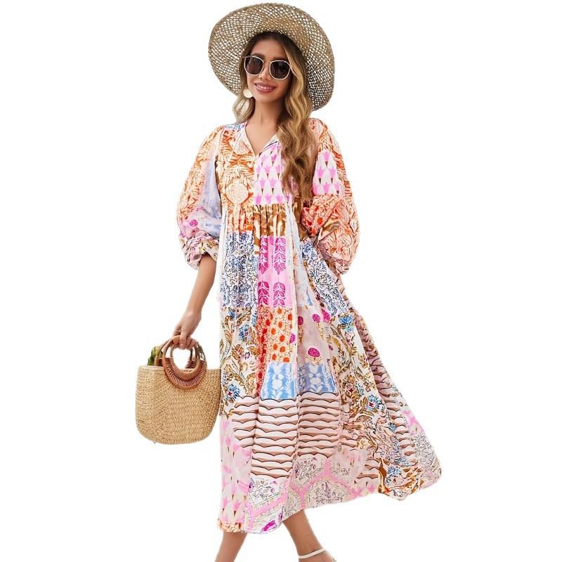 European and American Spring and Summer Print Vacation Dress Beach Bohemian Lantern Sleeve Sunscreen Dress