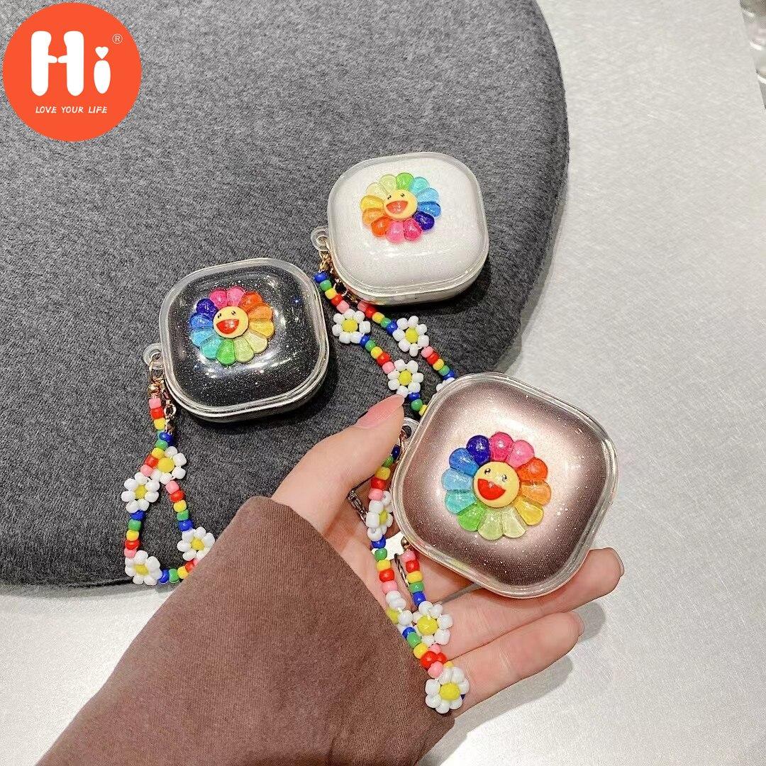 

Привет, милый браслет с солнечными цветами, мягкий беспроводной чехол для наушников, гарнитура, блестящий чехол, брелок для Samsung Galaxy Buds Pro Live Buds2